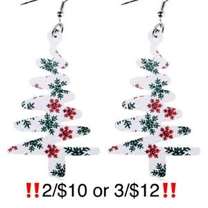 Christmas Tree Earrings Snowflake Faux Leather Dangling Novelty Red Green White
